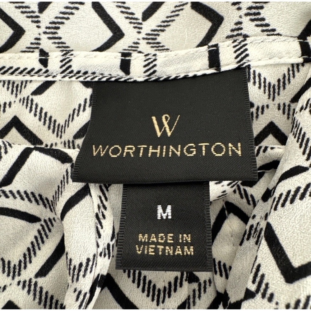 Worthington Tie Neck Blouse Women Medium Black White Geometric Sleeveless Top - Picture 5 of 10
